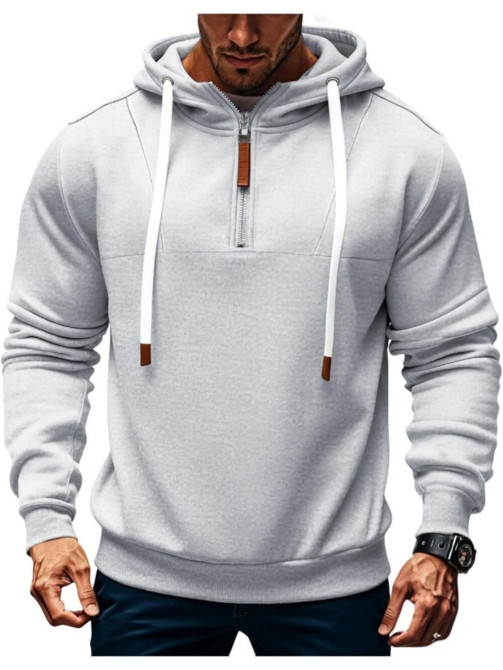 Men's Hemp Grey Quarter ZIP Long Sleeve Pullover Polyester Sweatshirt Hoodies